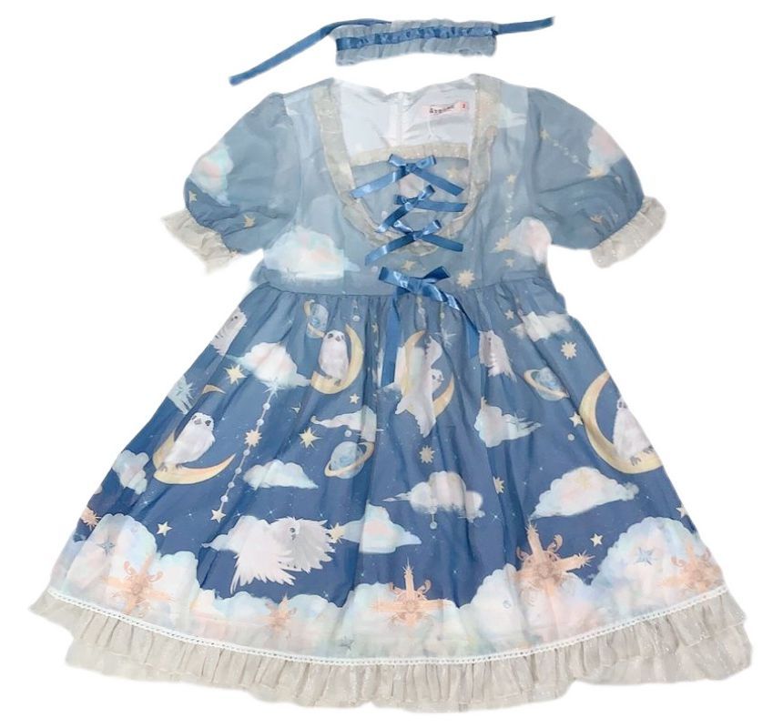Set: Short-Sleeve Print Lolita Dress + Headband