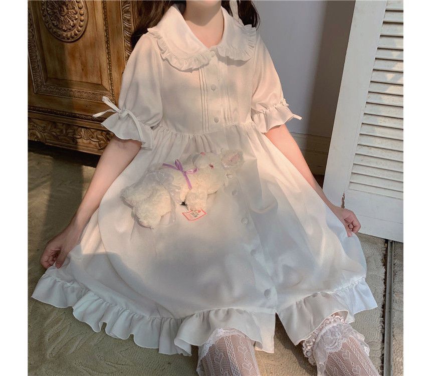 Short-Sleeve Frill Trim A-Line Shirt Dress