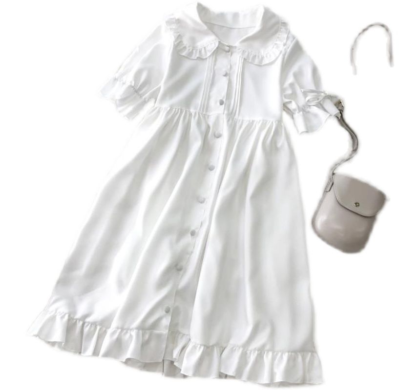 Short-Sleeve Frill Trim A-Line Shirt Dress