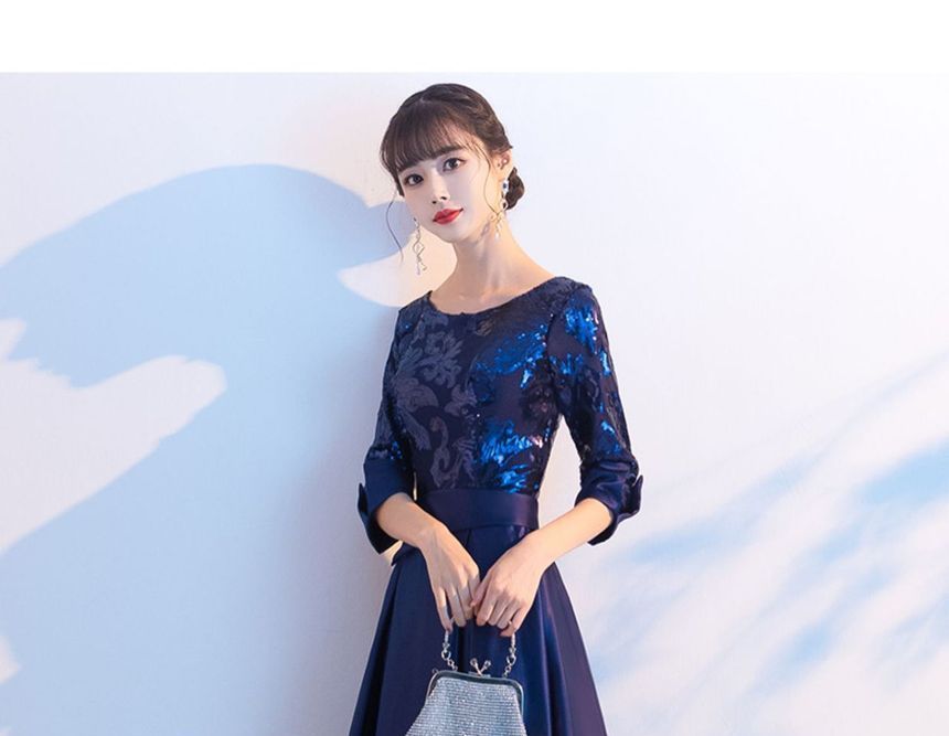 / Elbow-Sleeve Cocktail Evening Gown Dress A-Line