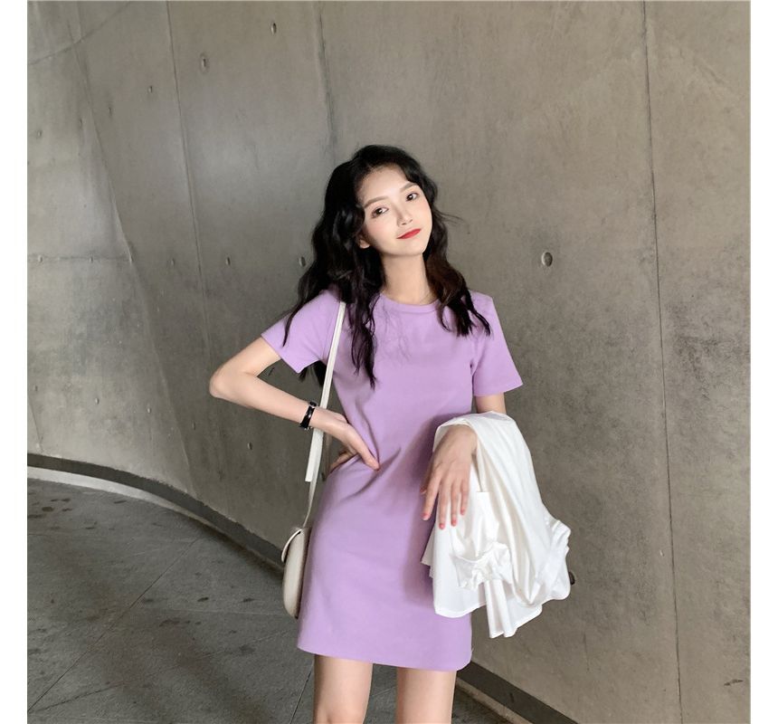 Dress Plain Short-Sleeve T-Shirt Mini Round Neck