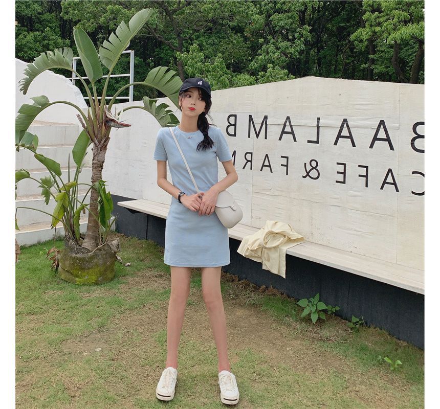 Dress Plain Short-Sleeve T-Shirt Mini Round Neck