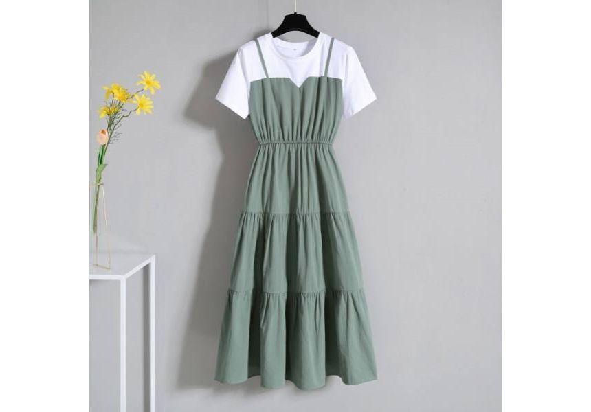 Dress Neck Midi Two-Piece A-Line Round Short-Sleeve Mock