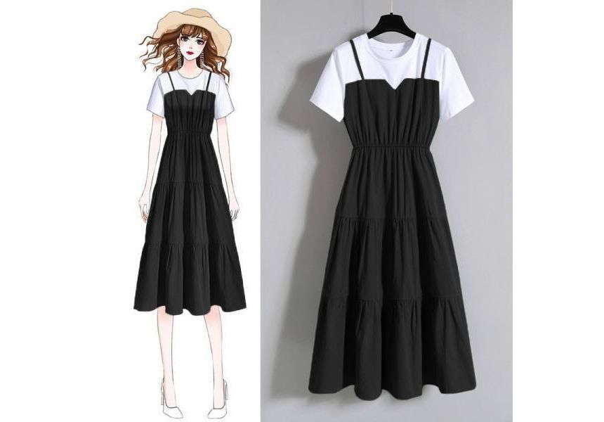 Dress Neck Midi Two-Piece A-Line Round Short-Sleeve Mock