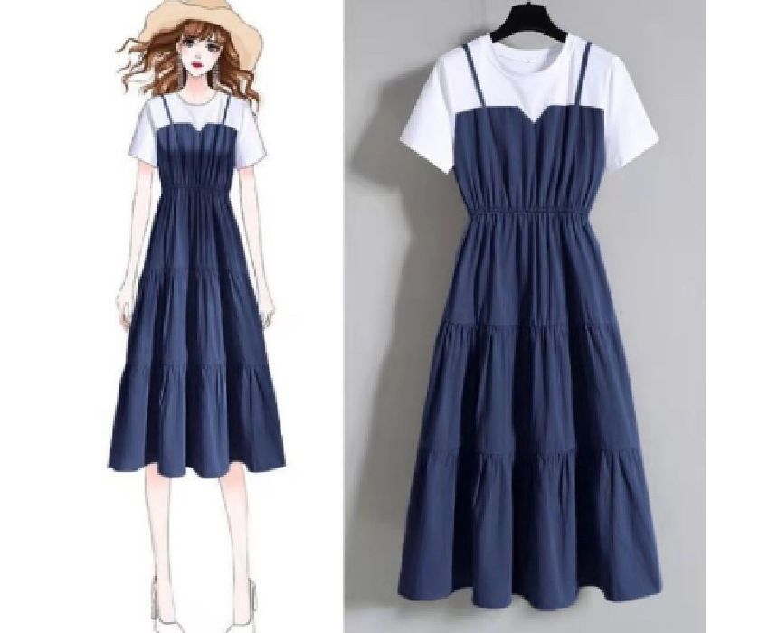 Dress Neck Midi Two-Piece A-Line Round Short-Sleeve Mock