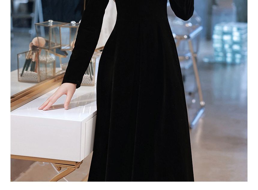 Rhinestone Long-Sleeve / Neck Gown Square A-Line Cocktail Evening Dress