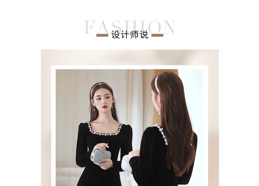 Rhinestone Long-Sleeve / Neck Gown Square A-Line Cocktail Evening Dress