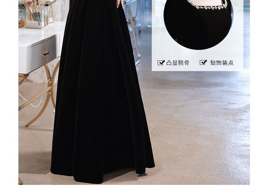 Rhinestone Long-Sleeve / Neck Gown Square A-Line Cocktail Evening Dress