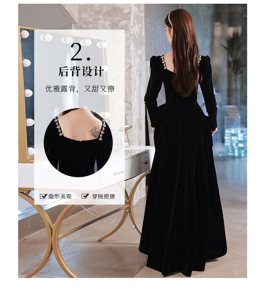 Rhinestone Long-Sleeve / Neck Gown Square A-Line Cocktail Evening Dress