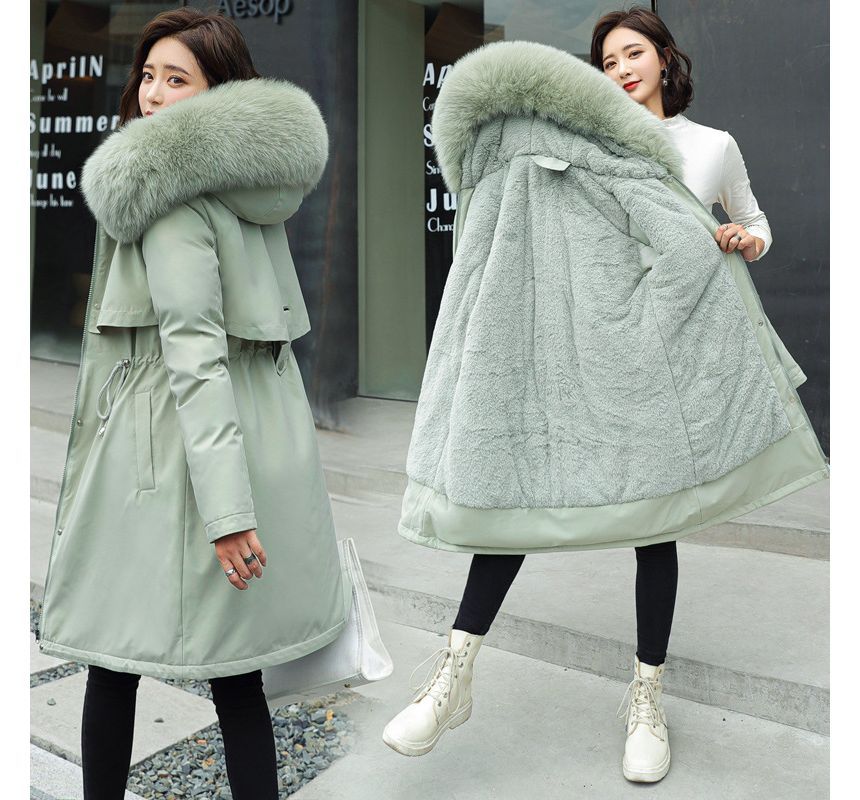 Fluffy Hooded Padded Zip-Up Long Coat