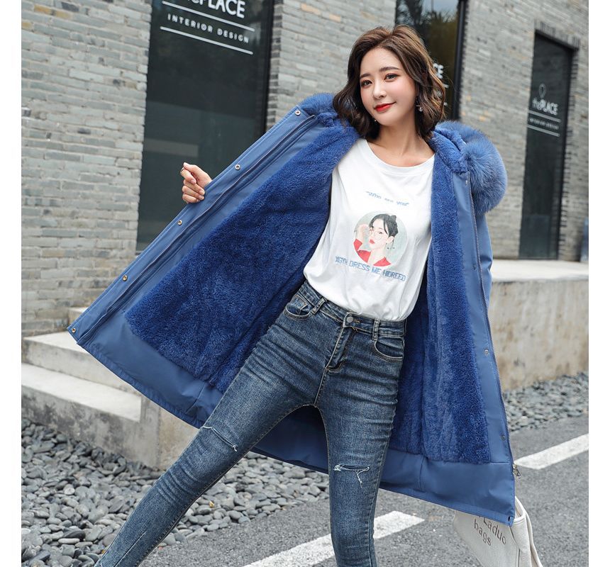 Fluffy Hooded Padded Zip-Up Long Coat