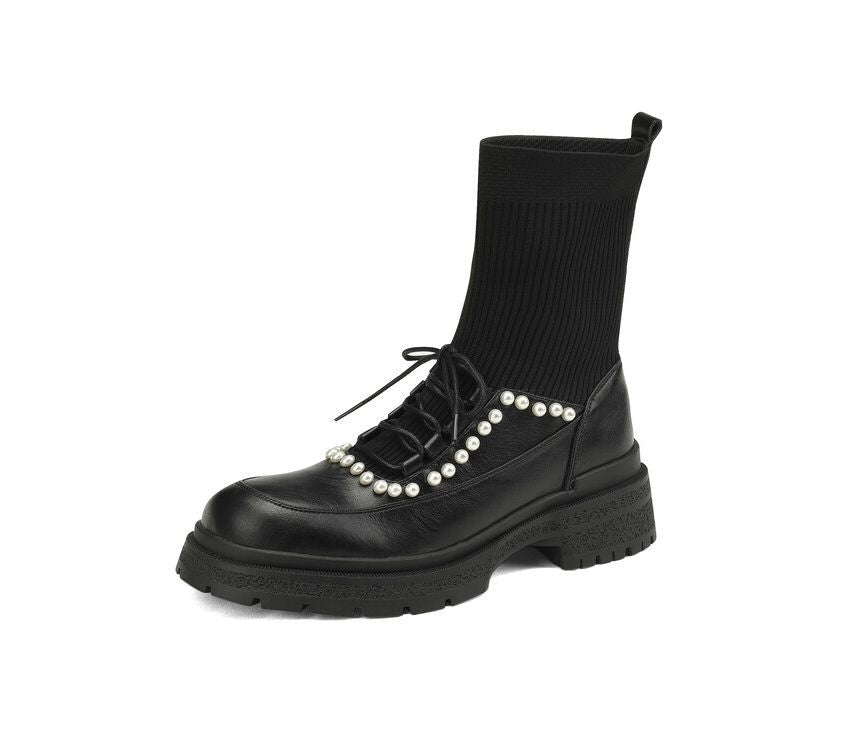 Lace-Up Faux Pearl Short Sock Boots