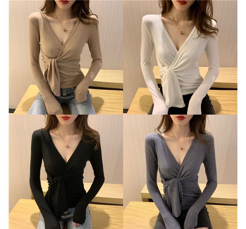 Top Slim-Fit Plain V-Neck Knot Long-Sleeve