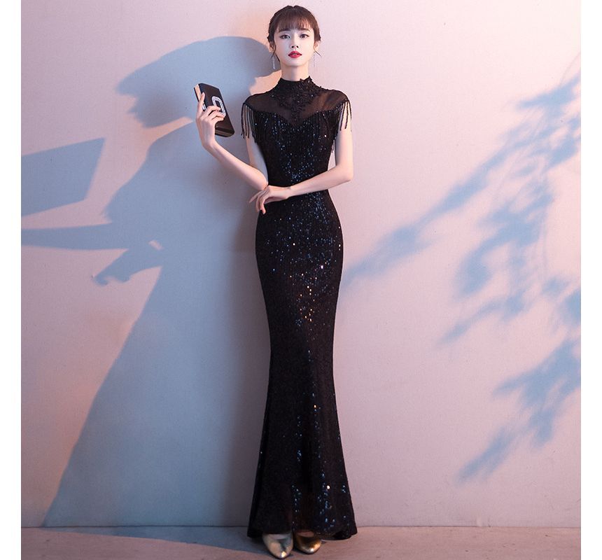 Gown Sequin Trim Evening Fringed Short-Sleeve Mermaid