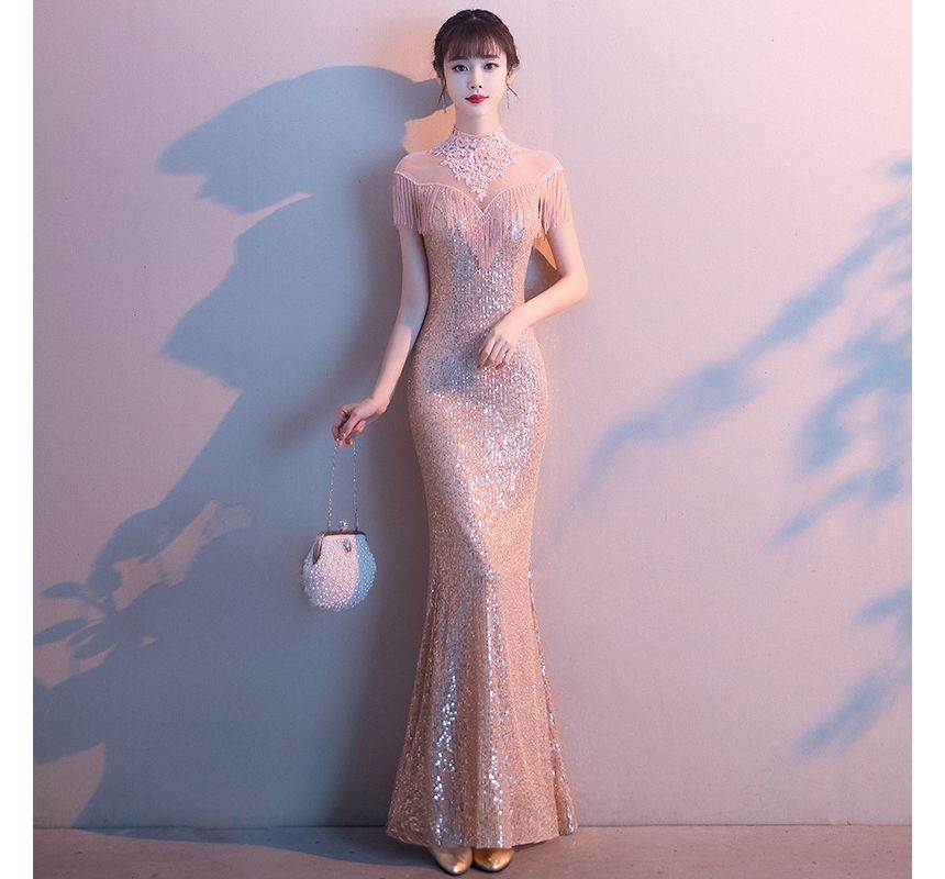 Gown Sequin Trim Evening Fringed Short-Sleeve Mermaid