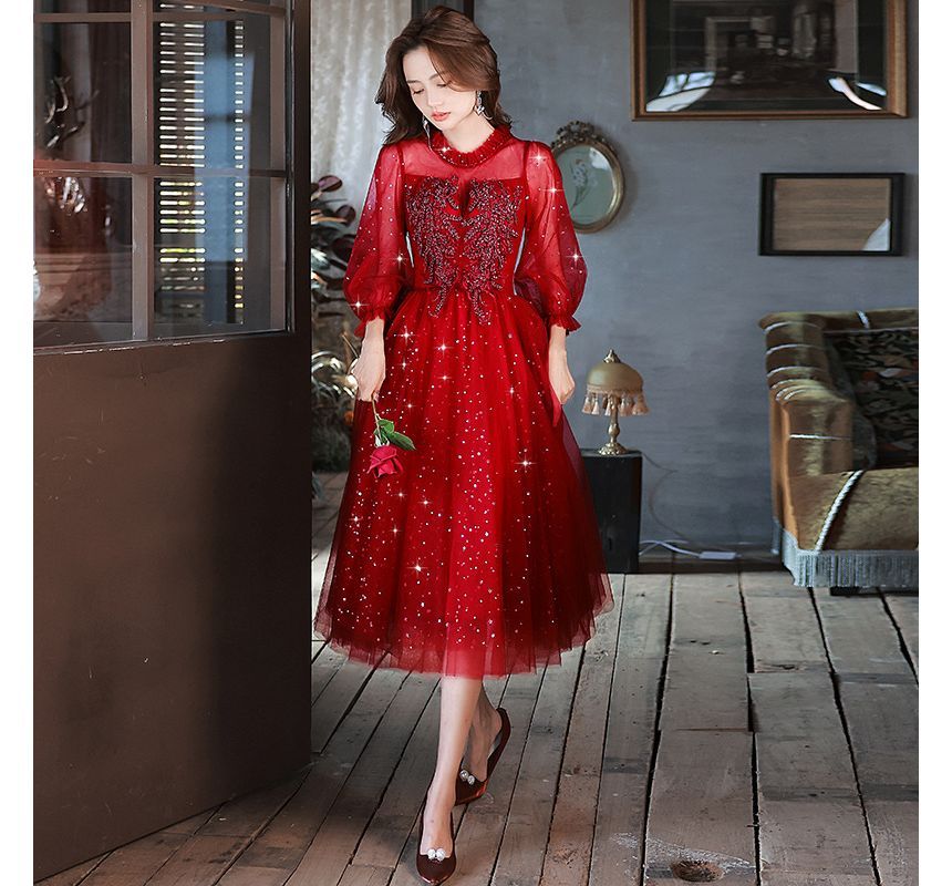 Flower Embroidered Cocktail Gown Midi Evening Dress Puff-Sleeve Sequin A-Line /