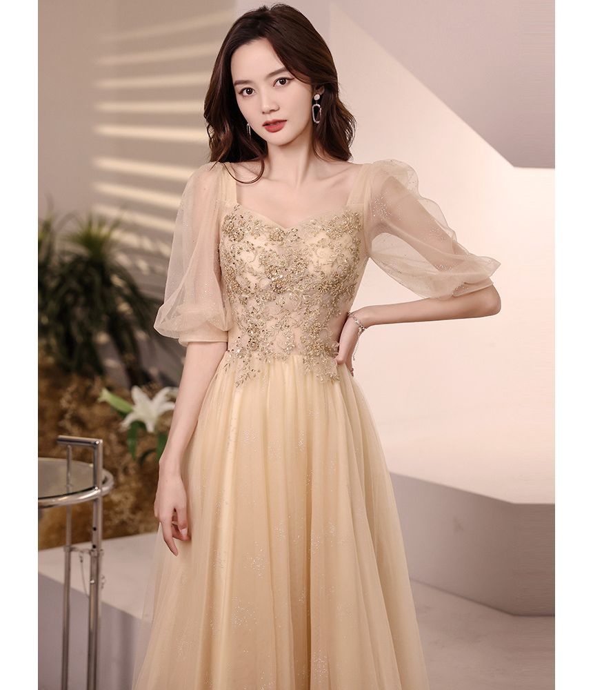 Flower Embroidered Cocktail Gown Midi Evening Dress Puff-Sleeve Sequin A-Line /
