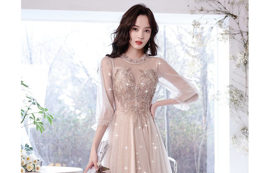 Flower Embroidered Cocktail Gown Midi Evening Dress Puff-Sleeve Sequin A-Line /