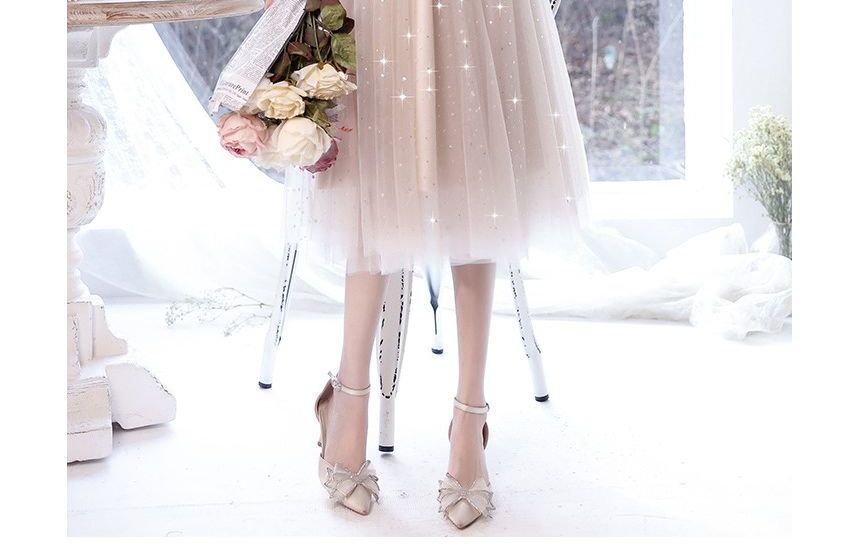 Flower Embroidered Cocktail Gown Midi Evening Dress Puff-Sleeve Sequin A-Line /