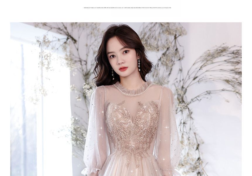 Flower Embroidered Cocktail Gown Midi Evening Dress Puff-Sleeve Sequin A-Line /