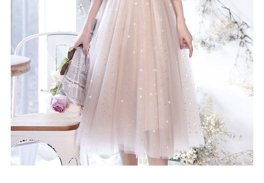 Flower Embroidered Cocktail Gown Midi Evening Dress Puff-Sleeve Sequin A-Line /