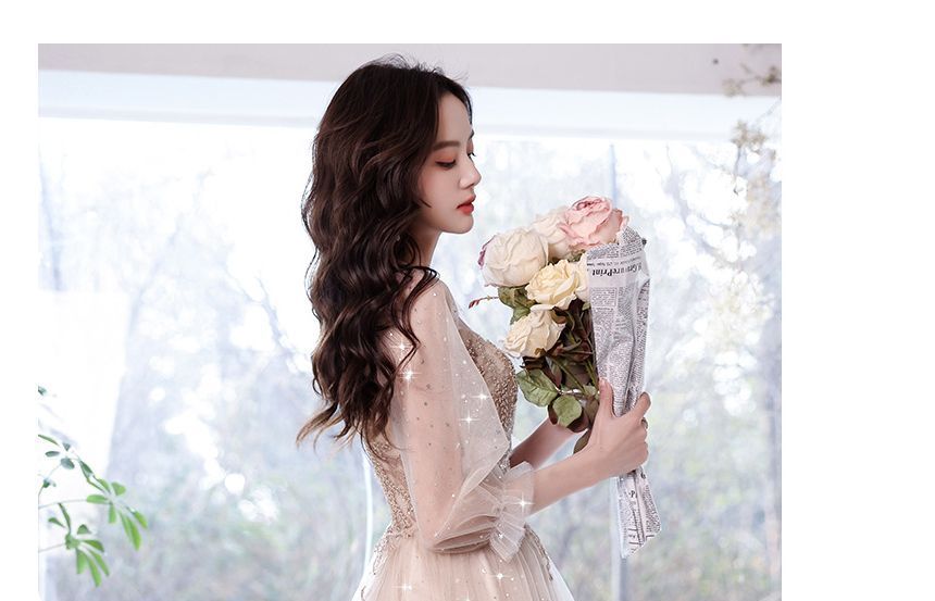 Flower Embroidered Cocktail Gown Midi Evening Dress Puff-Sleeve Sequin A-Line /