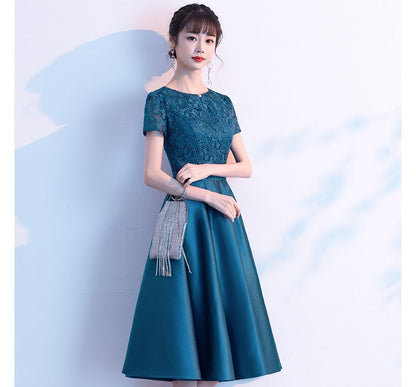 Short-Sleeve Plain Lace Panel A-Line Cocktail Dress