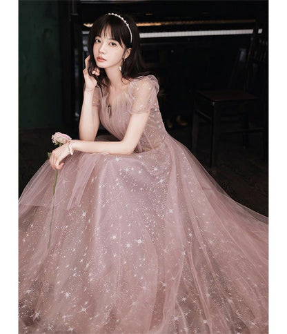 Puff-Sleeve Star Print Lace-Up A-Line Evening Gown