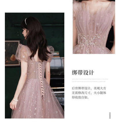 Puff-Sleeve Star Print Lace-Up A-Line Evening Gown