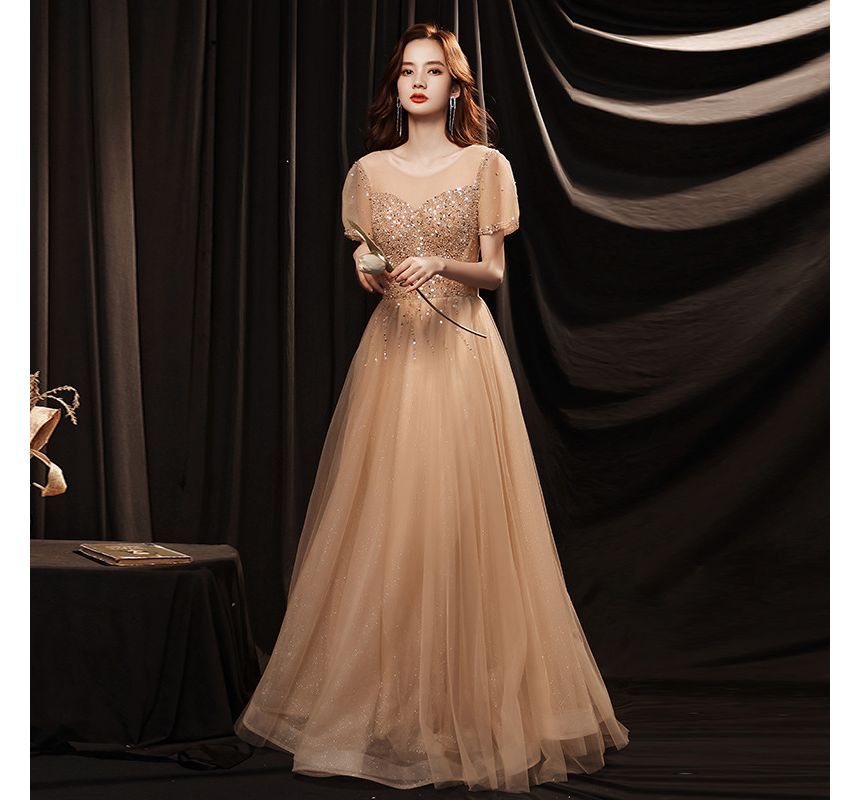 Evening Round Short-Sleeve Mesh / Dress Gown Neck Cocktail A-Line Sequin