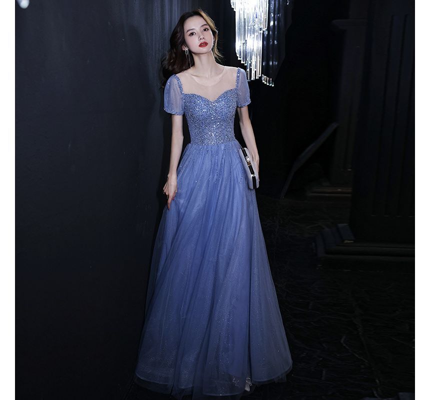 Mesh Cocktail Neck / A-Line Round Gown Short-Sleeve Sequin Evening Dress