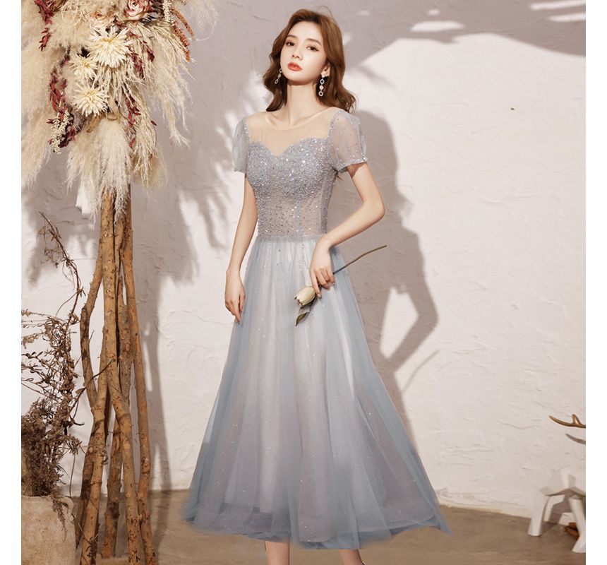 Mesh Cocktail Neck / A-Line Round Gown Short-Sleeve Sequin Evening Dress