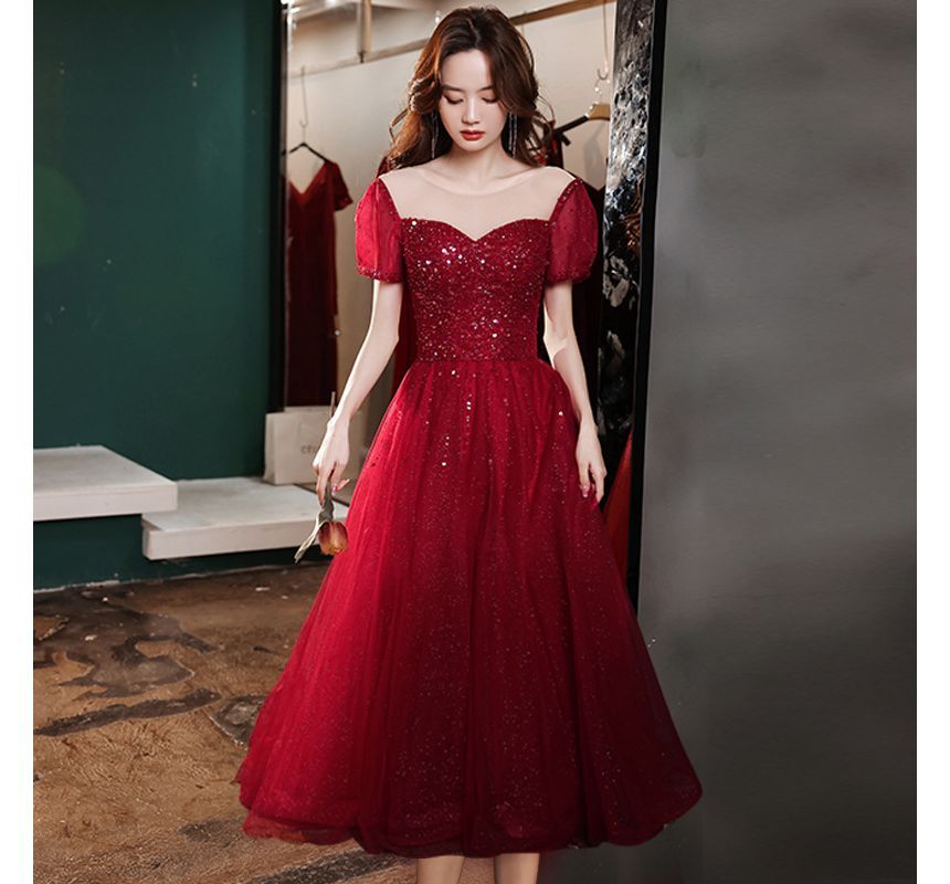 Evening Round Short-Sleeve Mesh / Dress Gown Neck Cocktail A-Line Sequin