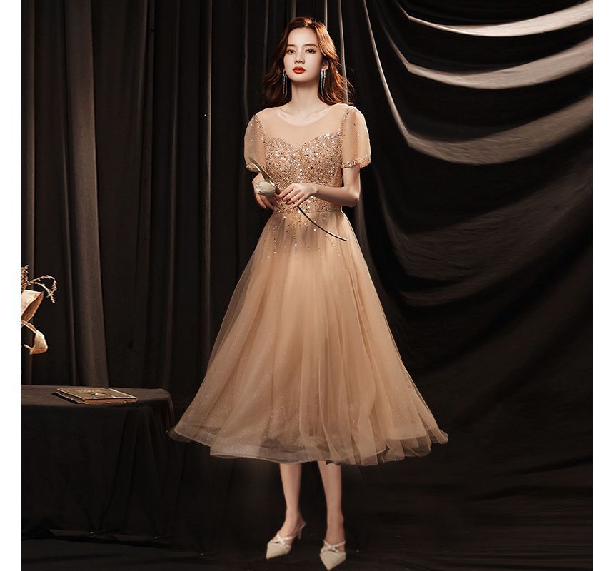 Evening Round Short-Sleeve Mesh / Dress Gown Neck Cocktail A-Line Sequin