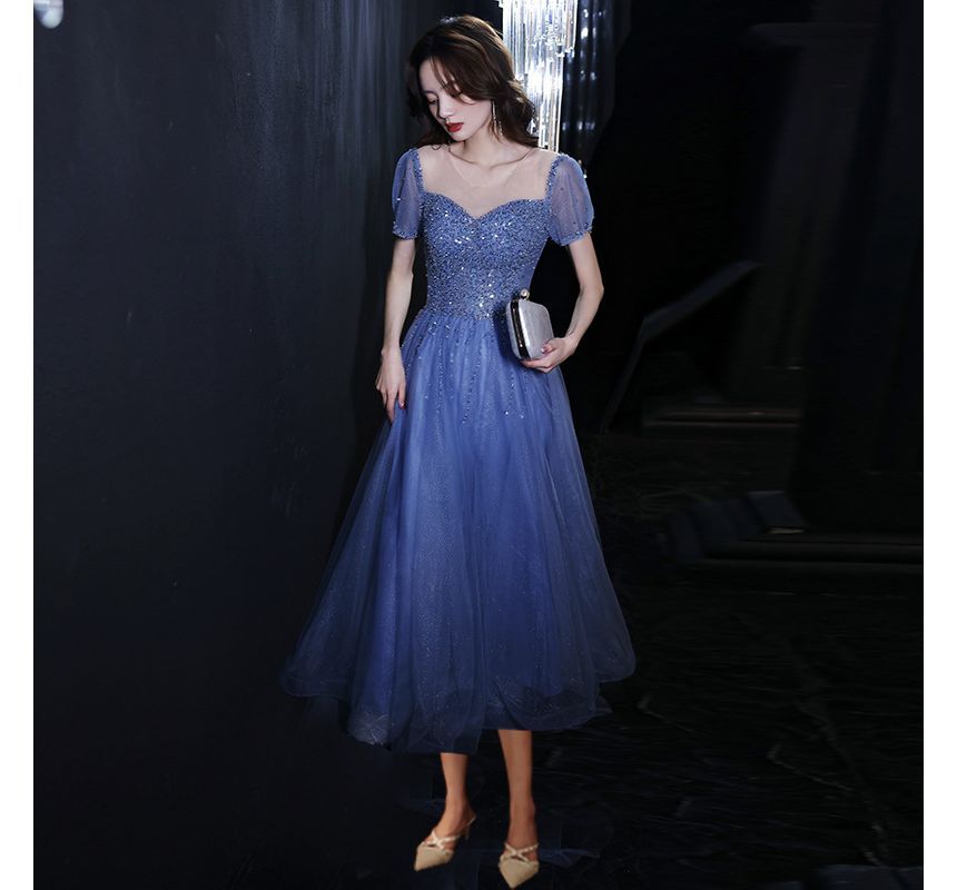 Mesh Cocktail Neck / A-Line Round Gown Short-Sleeve Sequin Evening Dress