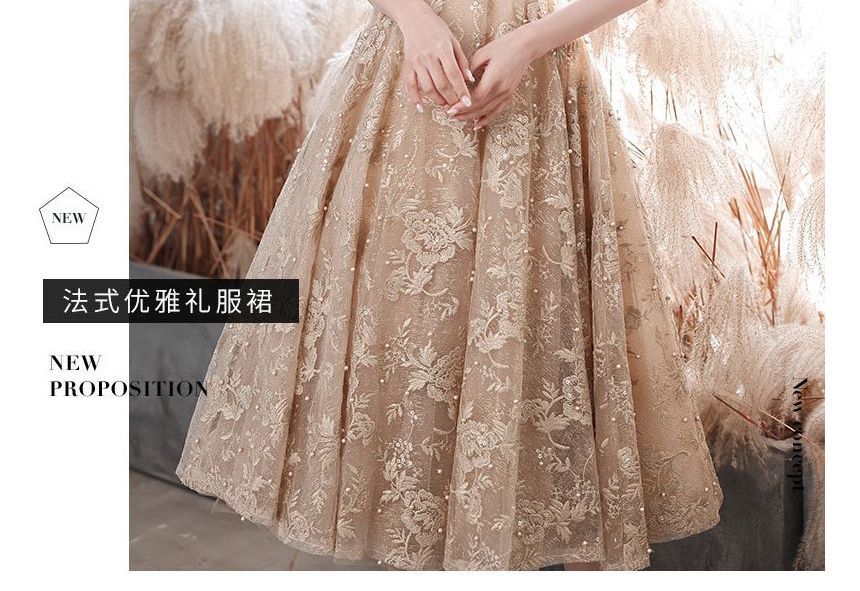 Gown Short-Sleeve Evening A-Line / Mock Pearl Cocktail Embroidered Dress Faux Flower Neck