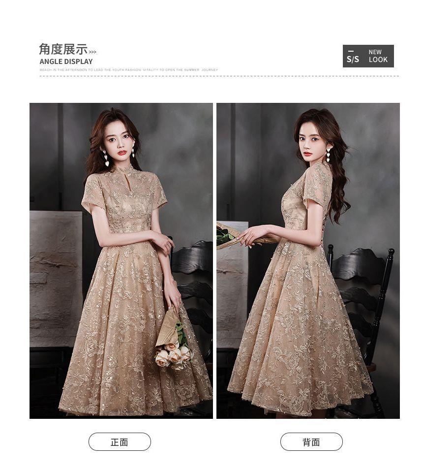 Gown Short-Sleeve Evening A-Line / Mock Pearl Cocktail Embroidered Dress Faux Flower Neck