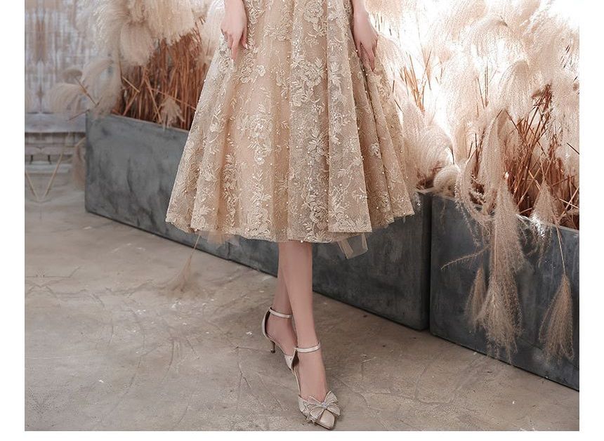 Gown Short-Sleeve Evening A-Line / Mock Pearl Cocktail Embroidered Dress Faux Flower Neck