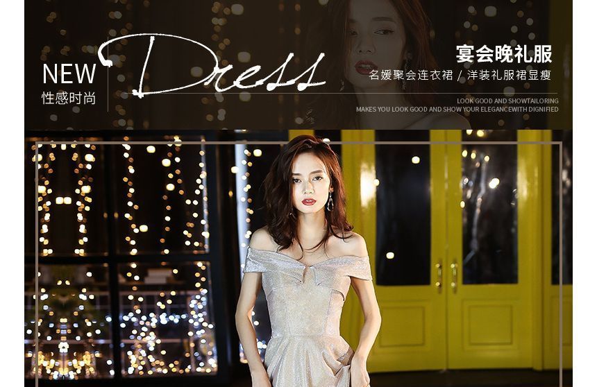 Gown Cocktail Shoulder Glitter / Off Evening A-Line Dress