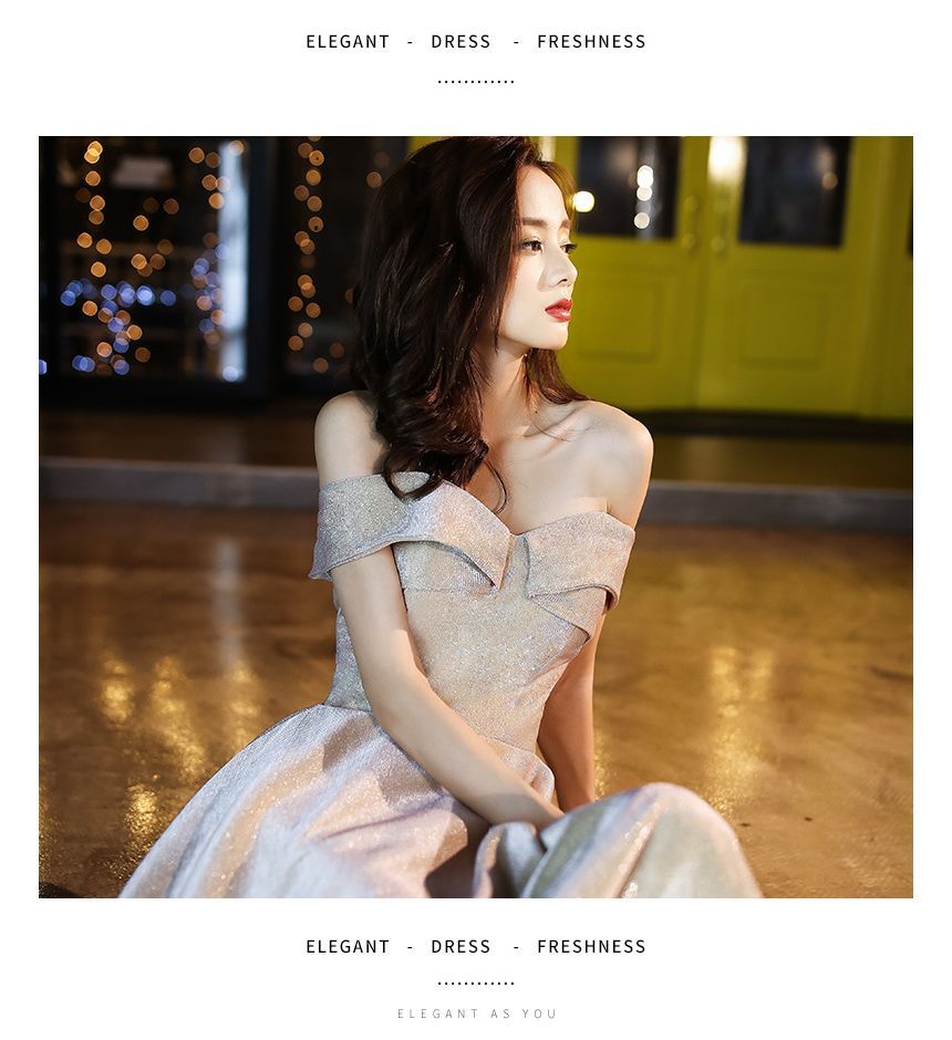 Gown Cocktail Shoulder Glitter / Off Evening A-Line Dress