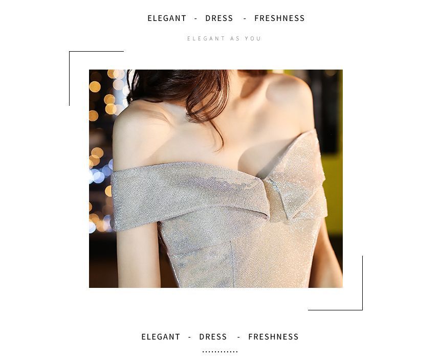 Gown Cocktail Shoulder Glitter / Off Evening A-Line Dress