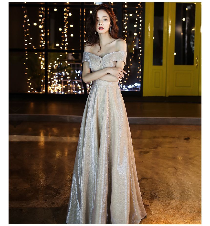 Gown Cocktail Shoulder Glitter / Off Evening A-Line Dress