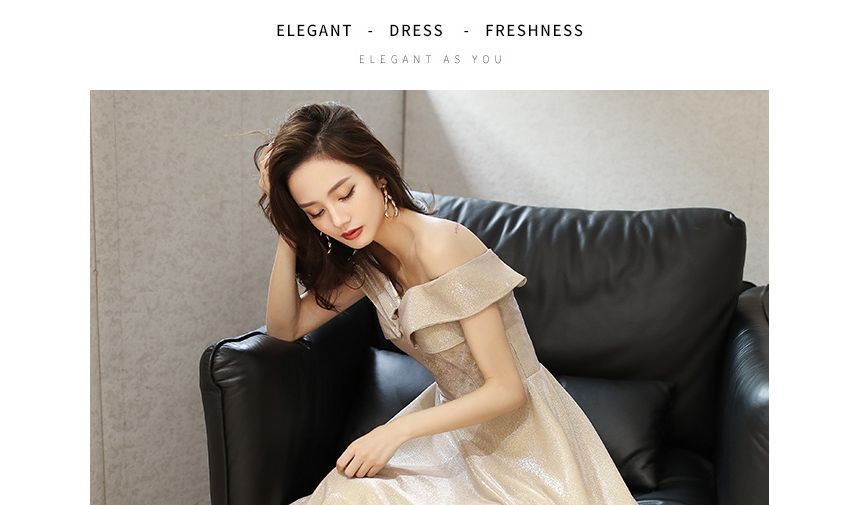 Gown Cocktail Shoulder Glitter / Off Evening A-Line Dress