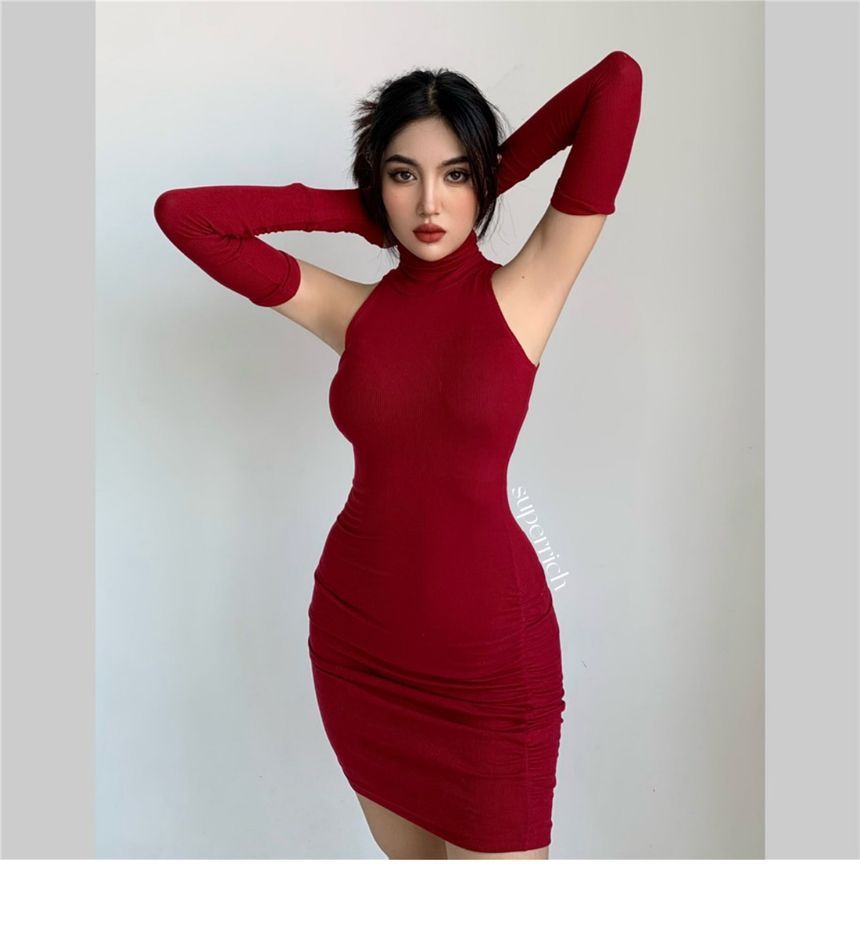 Dress Mini Turtleneck With Sleeves Plain Sleeveless Arm