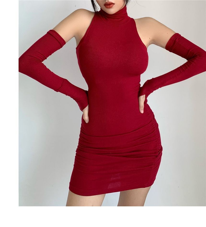Dress Mini Turtleneck With Sleeves Plain Sleeveless Arm