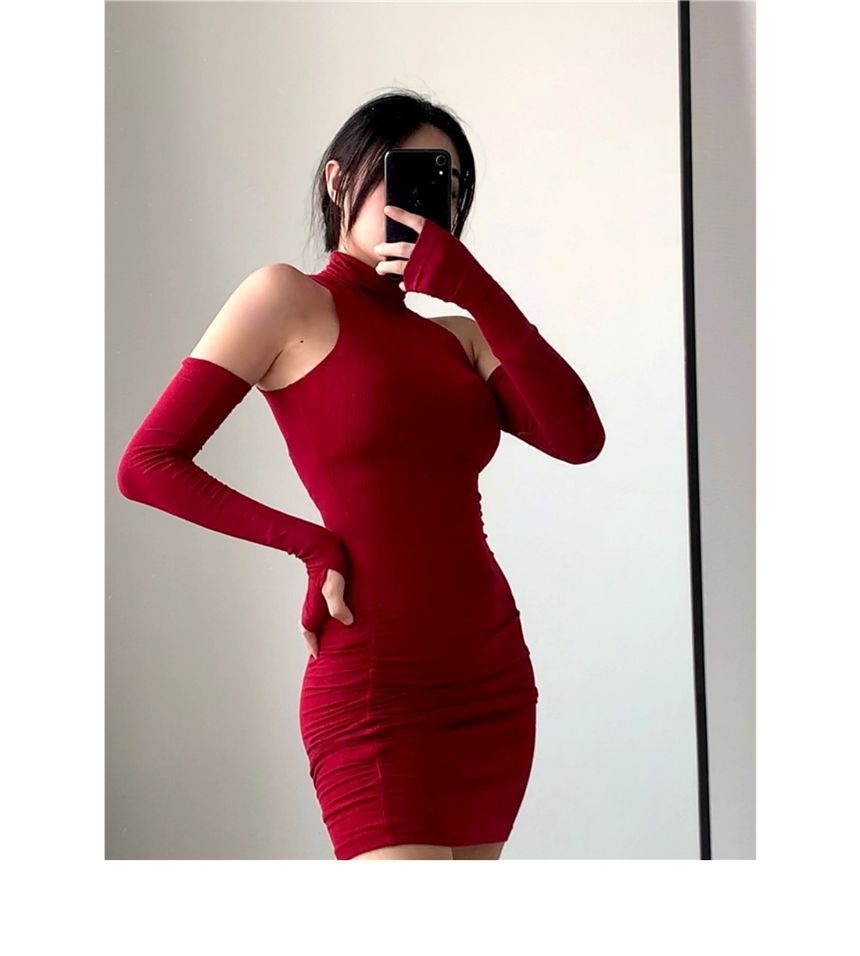 Dress Mini Turtleneck With Sleeves Plain Sleeveless Arm