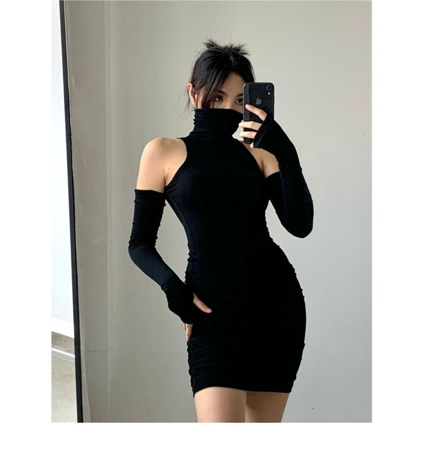 Dress Mini Turtleneck With Sleeves Plain Sleeveless Arm