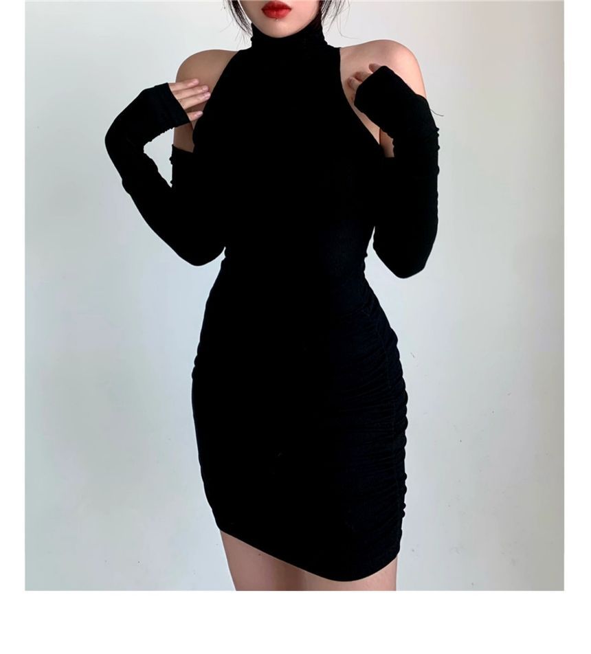 Dress Mini Turtleneck With Sleeves Plain Sleeveless Arm