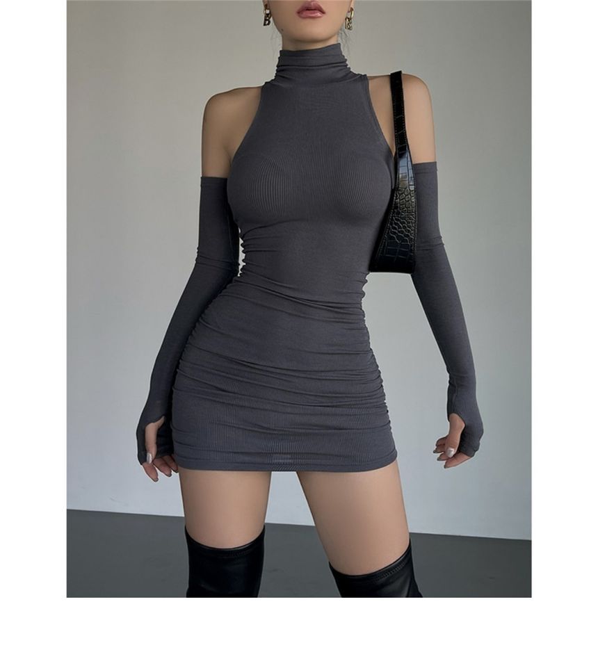Dress Mini Turtleneck With Sleeves Plain Sleeveless Arm
