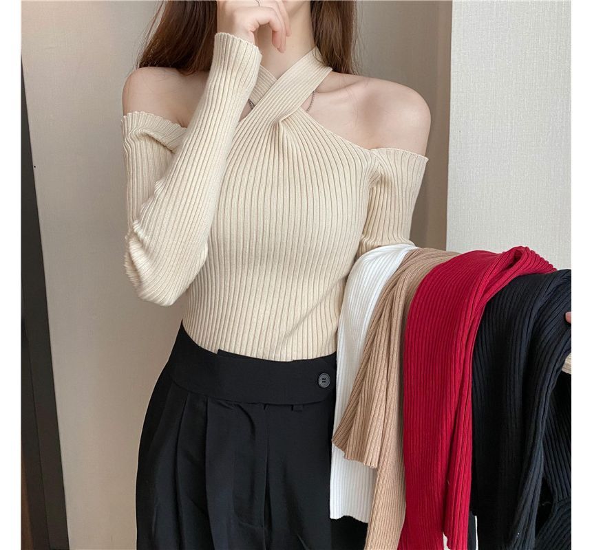 Plain Halter Top Long-Sleeve Cold-Shoulder Knit